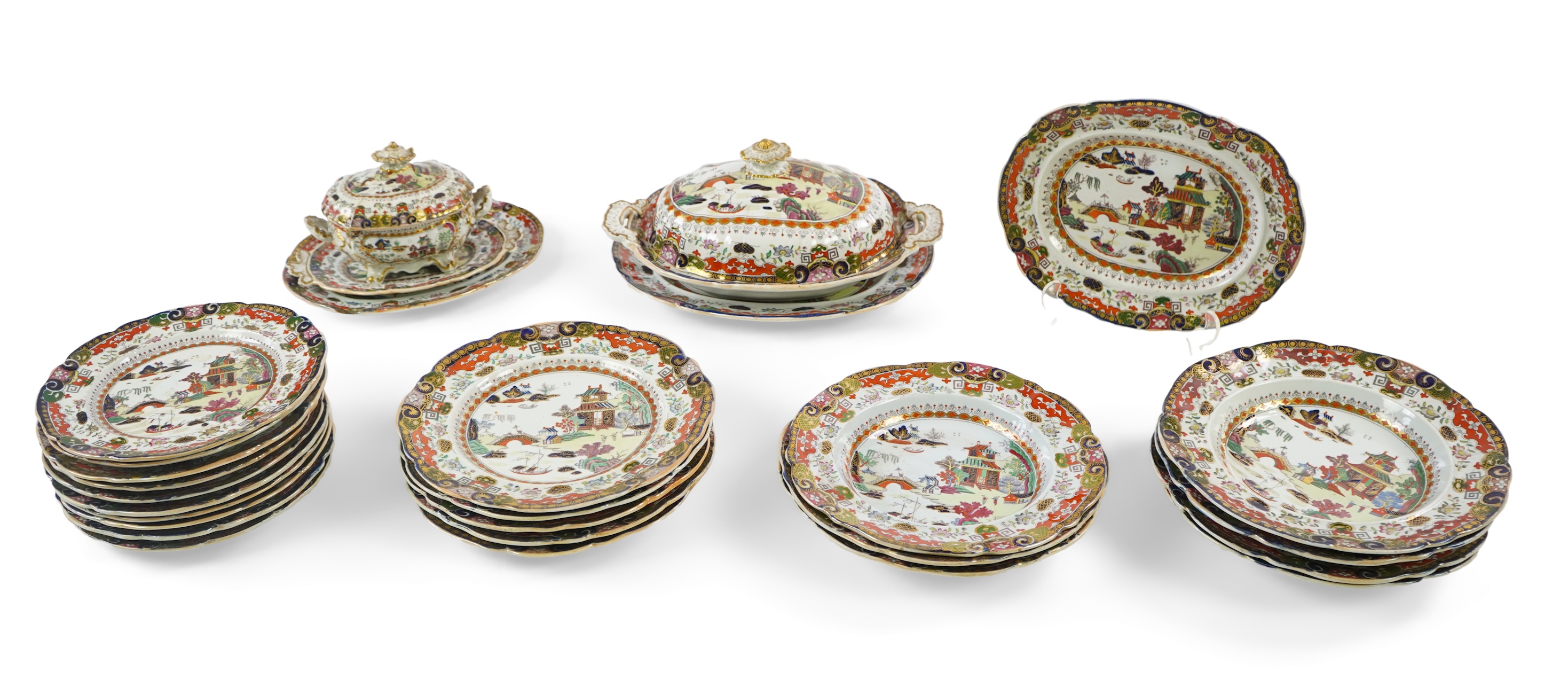 A Masons ironstone landscape pattern part dinner service, first half 19th century